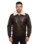 Men’s Airin G-1 brown leather flight jacket featuring a detachable faux-fur collar, ribbed cuffs, and large front flap pockets.