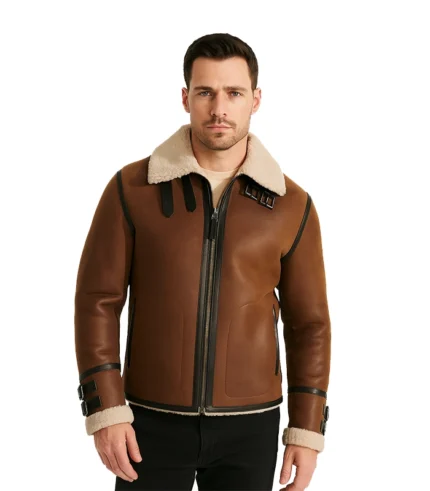 B3 RAF Tan Shearling Leather Aviator Jacket | Brown leather aviator jacket​