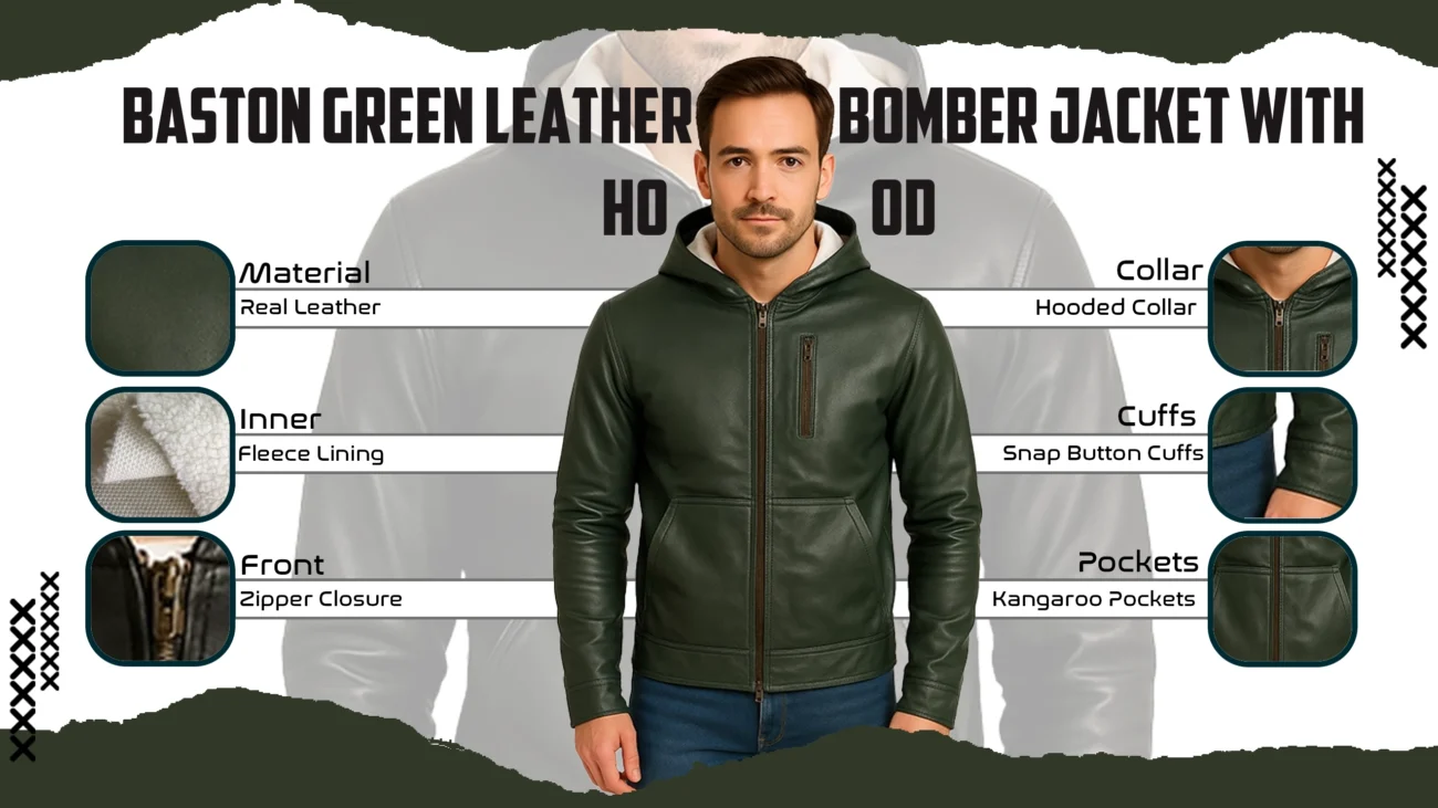 Baston Green Leather Bomber Jacket with Hood