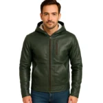 Baston Green Leather Bomber Jacket with Hood