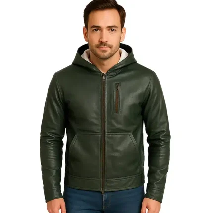 Baston Green Leather Bomber Jacket with Hood
