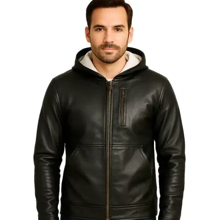 Baston – Black Hooded Leather Bomber Jacket