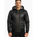 Black Hooded Leather Bomber Jacket