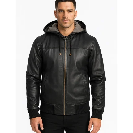Black Hooded Leather Bomber Jacket
