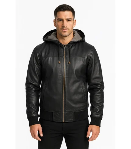 Black Hooded Leather Bomber Jacket