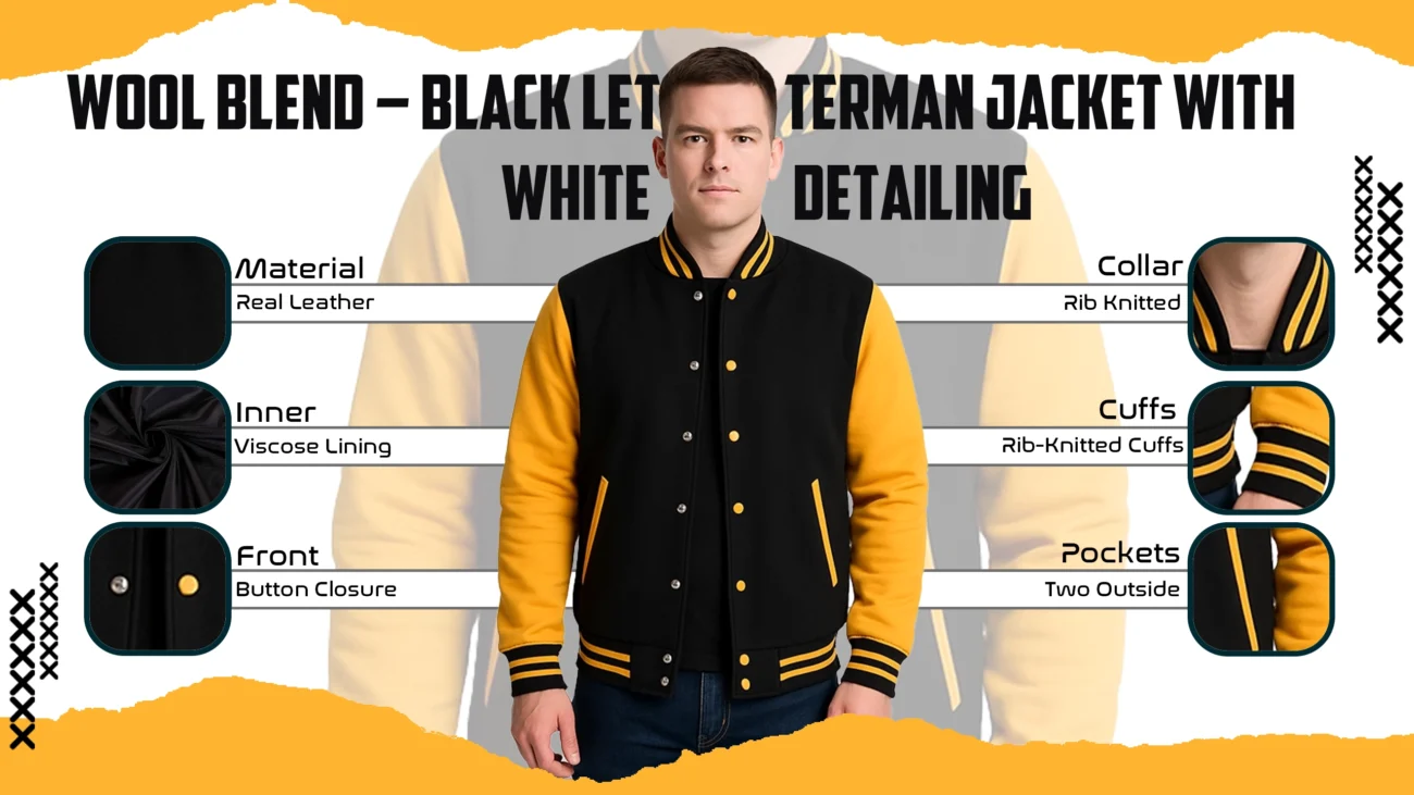 Black Letterman Jacket With White Detailing