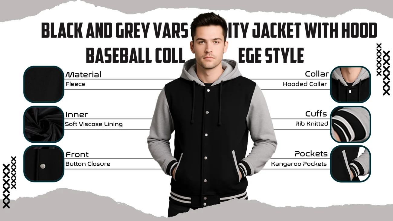 Black and Grey Varsity Jacket with Hood  Baseball College Style