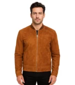 A video showcase of the Blain men’s brown suede bomber jacket featuring a rich chocolate brown texture, ribbed-knit trim, and a metallic silver zipper.