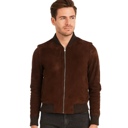 Bliss Leather Suede Bomber Jacket Brown
