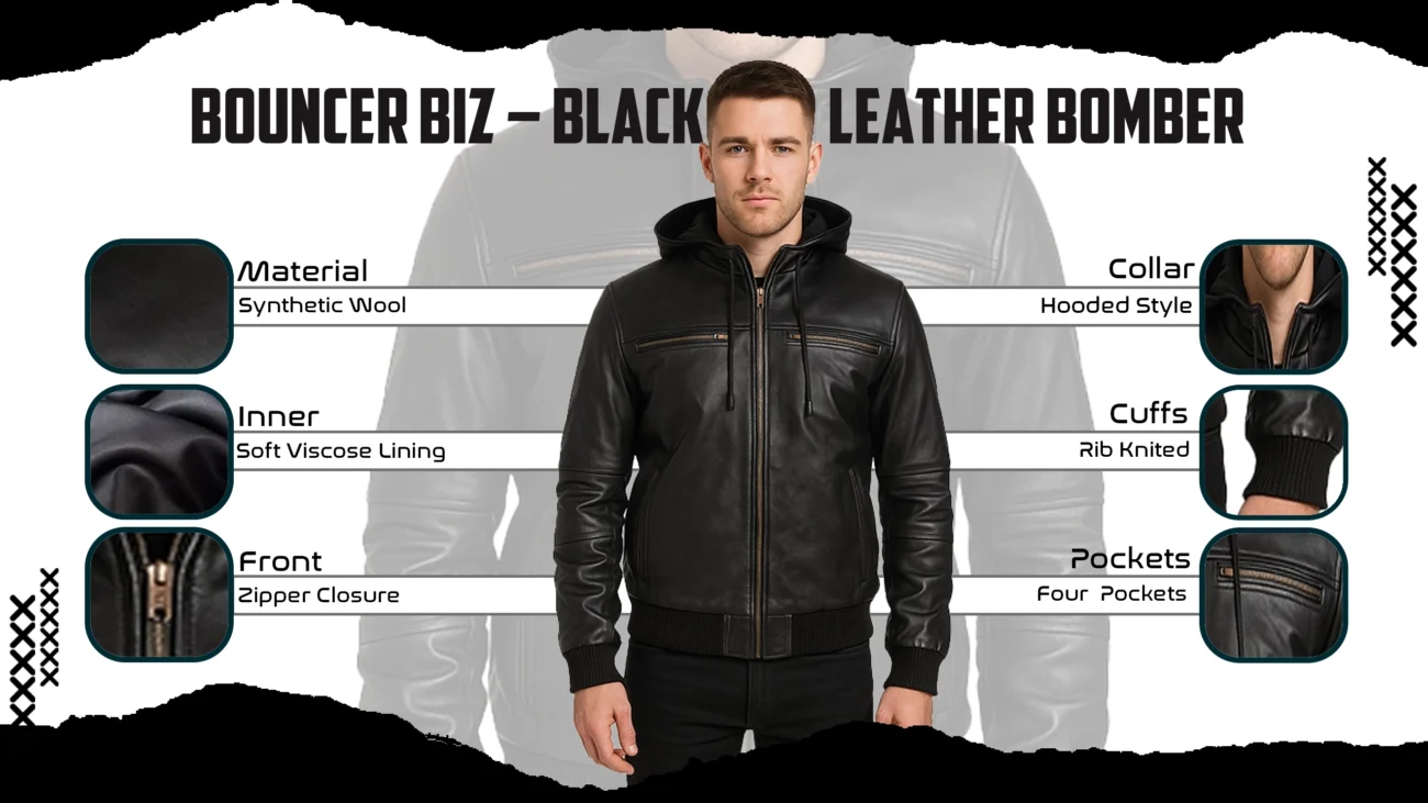 Bouncer Biz – Black Leather Bomber Jacket