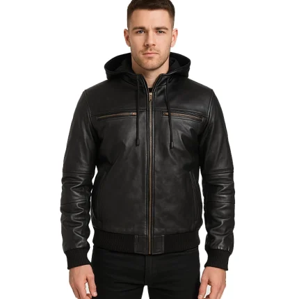 Bouncer Biz - Black Leather Bomber Jacket