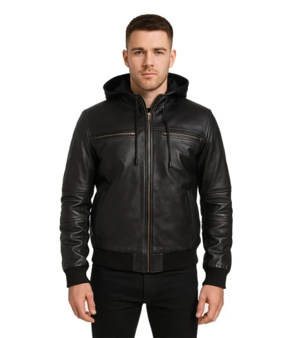 Bouncer Biz - Black Leather Bomber Jacket
