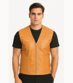 A men’s Brandon leather vest in a warm tan brown, featuring a central zipper closure, stand-up collar, and a sleek, sleeveless design.