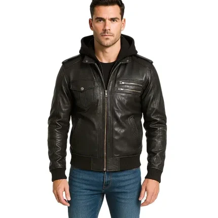Bravado Black Leather Bomber Jacket With Hood
