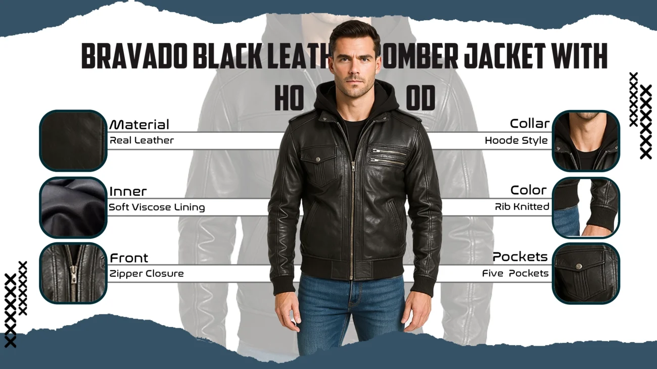 Bravado Black Leather Bomber Jacket With Hood