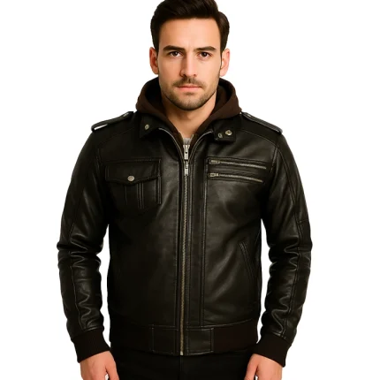 Bravado Brown Leather Hooded Bomber Jacket