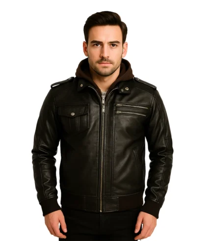 Bravado Brown Leather Hooded Bomber Jacket