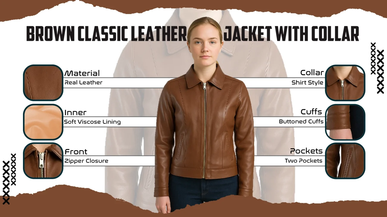 Brown Classic Leather Jacket With Collar