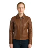 Brown Classic Leather Jacket With Collar