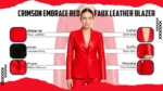 A woman wearing a vibrant crimson red synthetic leather blazer featuring a tailored slim fit, a single-button closure, and classic notched lapels.