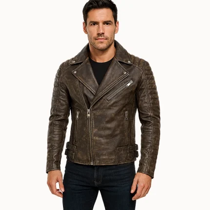 Distressed Brown Leather Biker Jacket