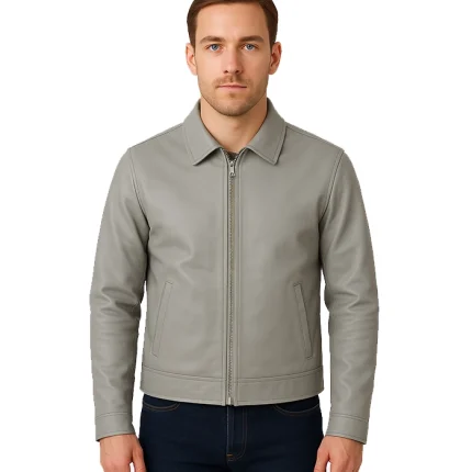 Grey Classic Leather Jacket With Collar