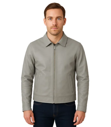 Grey Classic Leather Jacket With Collar