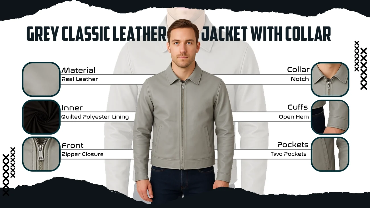 Grey Classic Leather Jacket With Collar