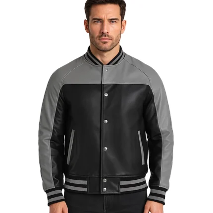 Grey and Black Leather Varsity Jacket