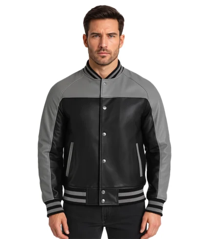 Grey and Black Leather Varsity Jacket