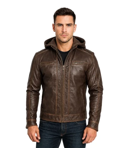 Hector Vintage – Brown Hooded Leather Biker Jacket​
