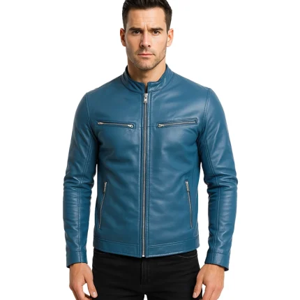 Ionic Blue Leather Biker Jacket