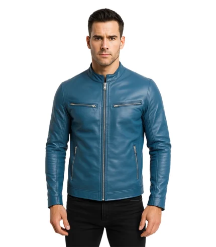 Ionic Blue Leather Biker Jacket