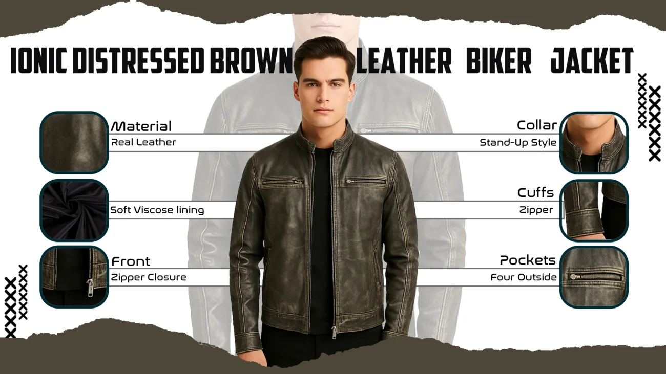 Ionic Distressed Brown Leather Biker Jacket