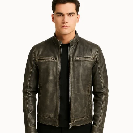 Ionic Distressed Brown Leather Biker Jacket