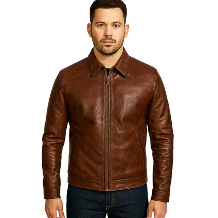 Ionic Tan Brown Leather Biker Jacket