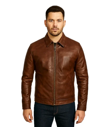 Ionic Tan Brown Leather Biker Jacket