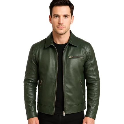 Lavendard Green Leather Biker Jacket
