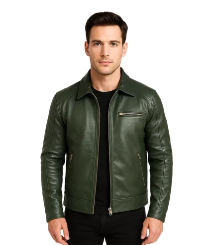 Lavendard Green Leather Biker Jacket