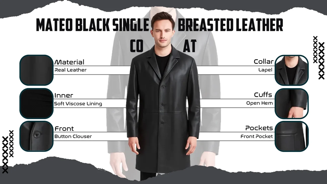 Mateo Black Single Breasted Leather Coat