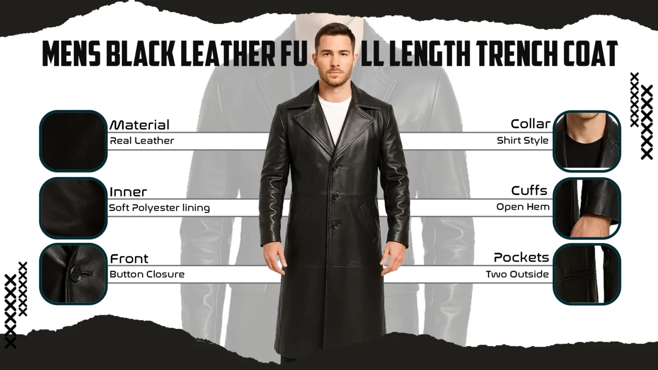 Mens Black Leather Full Length Trench Coat
