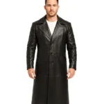 Mens Black Leather Full Length Trench Coat