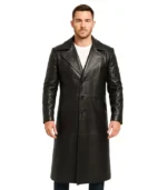 Mens Black Leather Full Length Trench Coat