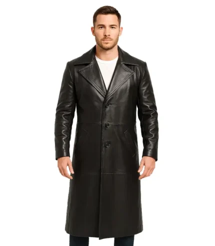 Mens Black Leather Full Length Trench Coat