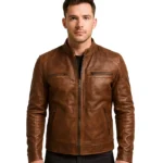 Mens Distressed Brown Lambskin Café Racer Leather Jacket