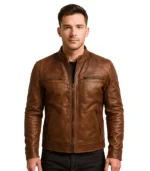 Mens Distressed Brown Lambskin Café Racer Leather Jacket