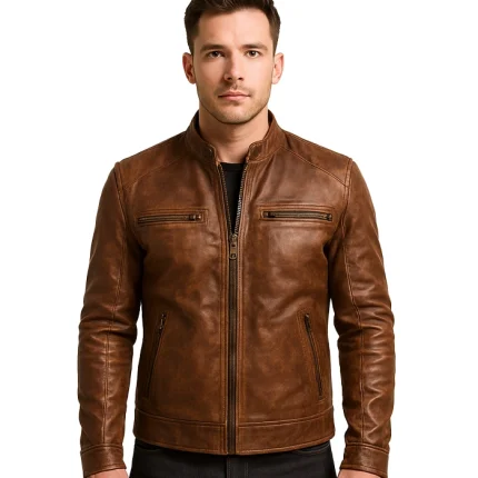 Mens Distressed Brown Lambskin Café Racer Leather Jacket