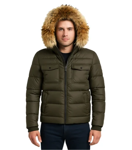 Mens Fur Hooded Down Jacket – Warm, Lightweight & Sustainable