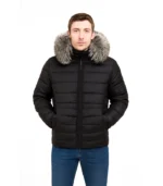 A men’s heavyweight puffer jacket in black, featuring a thick quilted design, a warm insulated hood with a plush faux-fur trim, and a zip-front closure.
