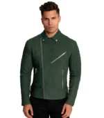 Men’s green suede biker jacket featuring an asymmetrical zip closure, notched lapels with silver snaps, and zippered cuffs in a rich forest green hue.